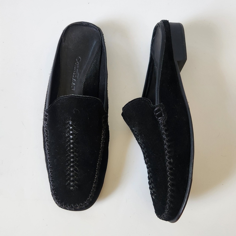Cole Haan Whipstitch Suede Loafer Mules 8B Black Square Toes Slide On Minimalist